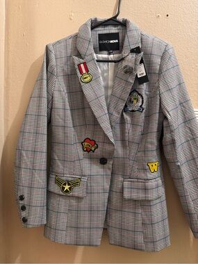 Fashion Nova Gray Plaid Blazer with Red Accents and Crest Patches